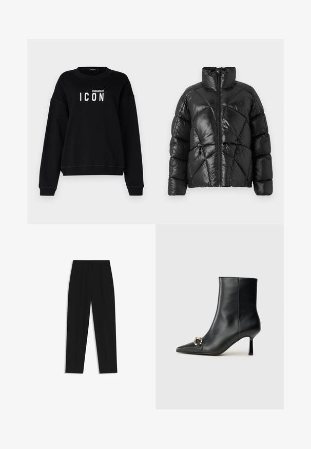 Mustalla puffer-takilla, jossa on korkea kaulus, vetoketjusuljenta ja geometrinen tikattu kuosi. Ominaisuuksiin kuuluvat elastiset narut helmassa ja logotyyli.; Mustapaita, jossa on pyöreä pääntie, näyttävä valkoinen "ICON" graafinen painatus ja "DSQUARED2" logo. Pehmeä kangas, rento istuvuus, ribattuja hihansuita.; Mustat housut suoran istuvuuden kanssa, joissa on kaksinkertaiset laskokset, sileä pinta ja klassinen vyötärönauhan muotoilu. Ei näkyviä metalliosia tai koristeita.; Musta nahkasaapas nilkkapituisilla, terävillä kärjillä, hoikalla keskipituisella korolla ja hopeavöillä sivussa yksinkertaista taustaa vasten.