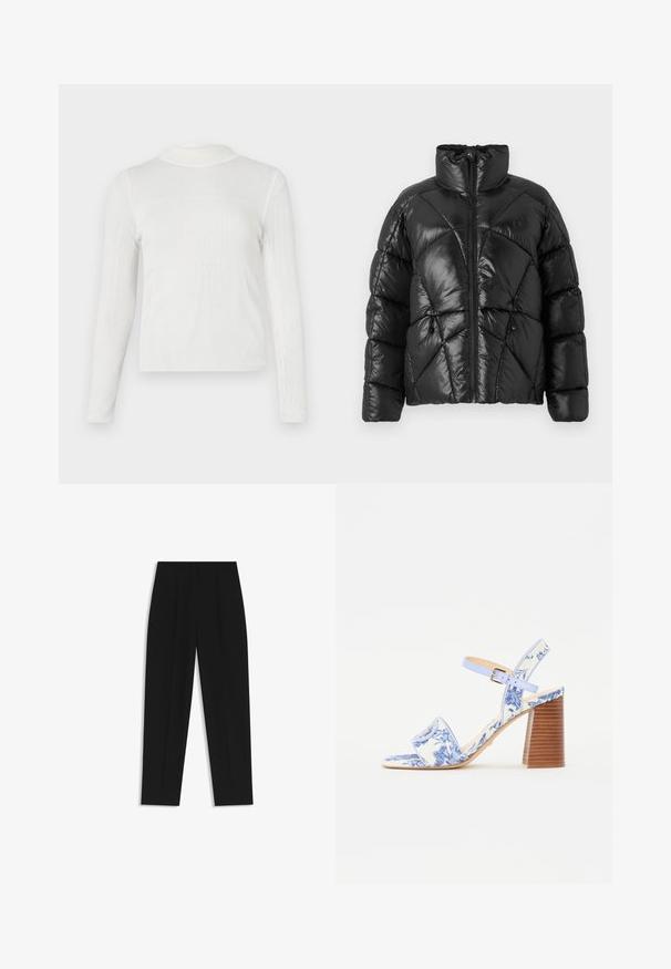 Zwarte pufferjas met hoge kraag, ritssluiting en geometrisch gestikt patroon. Voorzien van elastische sluittouwtjes aan de onderkant en een logo-accent.; Witte, longsleeve top met een hoge opstaande kraag. Ribbelstructuur met een aansluitend design. Naaddetails creëren een gestructureerde uitstraling.; Zwarte broeken met een rechte pasvorm, voorzien van dubbele plooien, een zachte textuur en een klassiek taillebandontwerp. Geen zichtbare hardware of accenten.; Blauw bloemenpatroon sandaal met een vierkante neus, een brede band en een verstelbare enkelband, met een getextureerde houten blokhak.