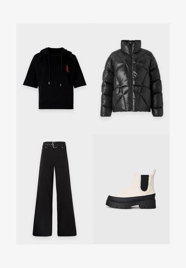 Svart boblejakke med høy krage, glidelås og geometrisk quiltet mønster. Har elastiske snorer i kanten og logo-detalj.; Svart kortermet hettegenser laget av myk stoff, med en frontlomme og dekorativ brodering av en rød chilipepper på brystet.; Sorte vidde bukser laget av bomull, med høy midje, store sidelommer og belte med sølv detaljer.; Kraftige plattform ankelstøvler med hvit overdel, svart gummisåle og kontrasterende svarte elastiske sidepaneler. Fuskepels kant øverst.