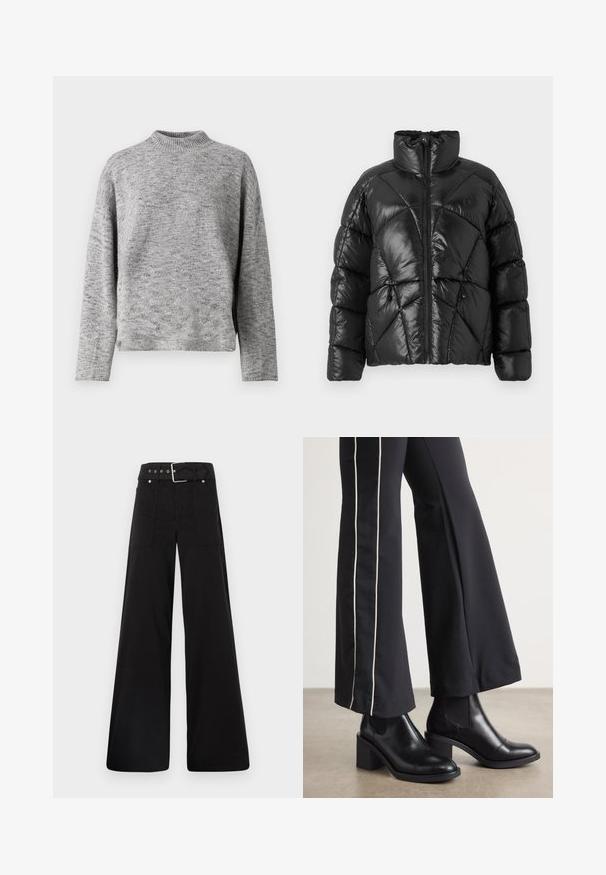 Chaqueta de plumón negra con un alto cuello, cierre de cremallera y patrón de acolchado geométrico. Presenta cordones elásticos en el dobladillo y un acento con el logo.; Suéter de punto gris claro con cuello alto, mangas largas y un ajuste relajado. Tejido texturizado con un sutil patrón moteado.; Pantalones de pierna ancha negros, hechos de algodón, con cintura alta, grandes bolsillos laterales y una cintura ceñida con un cinturón que presenta acentos de metal plateado.; Botines de cuero negro con tacón cuadrado, con paneles laterales elásticos. Combinados con pantalones negros que tienen una franja blanca lateral.