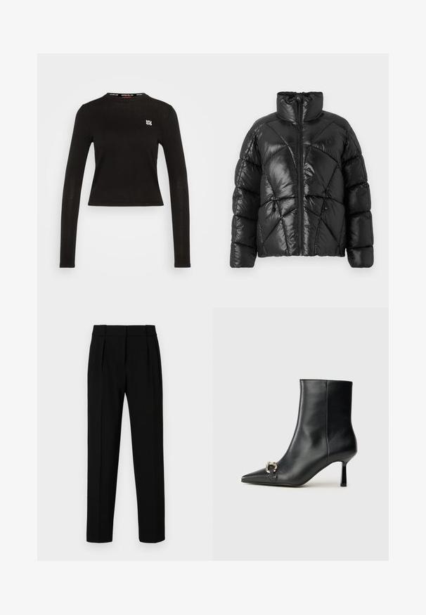 Must Black puffer jope kõrge kaelusega, lukuga kinnitamine ja geomeetriline tikandid. Omab elastseid nööre alumises servas ja logo aktsenti.; Must beežiliste varrukatega särk, mis on valmistatud ribakudumist. Omab ümarat kaelust ja valget logo vasakul rinnal. Lühendatud hemline.; Mustad sobranikud, sirge lõikega, volditud esiosa, läikiv kangas ja keskmise suurusega vöökoht. Ei ole nähtavaid taskuid ega metalldetailide. ; Must mustanvärvi nahast pahklinetopp, millel on terav nina, peen keskmise kõrgusega konts ja hõbedane keha detail külgedel, taustal lihtne taust.
