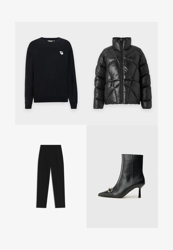 Black puffer jacket with a high collar, zip closure, and geometric quilted pattern. Features elastic drawstrings at the hem and a logo accent.; Black sweatshirt made of cotton. Features long sleeves, a round neckline, and a small white floral embroidery on the left chest.; Black trousers with a straight fit, featuring double pleats, a smooth texture, and a classic waistband design. No visible hardware or accents.; Black leather ankle boot with pointed toe, slim mid-height heel, and silver buckle detail on side against plain background.