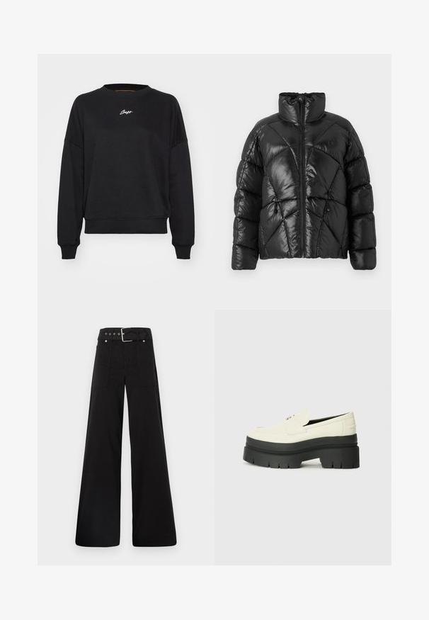 Μαύρο μπουφάν πούφ με ψηλό γιακά, κλείσιμο με φερμουάρ και γεωμετρικό σχέδιο κεντήματος. Διαθέτει ελαστικές κορδόνες στο στρίφωμα και λογότυπο.; Μαύρη μπλούζα με στρογγυλή λαιμόκοψη, χαμηλωμένους ώμους και ριμπ μανσέτες. Διαθέτει διακριτική λευκή κεντημένη λογότυπο στο στήθος. Λείο υφασμάτινο υλικό.; Μαύρο παντελόνι με φαρδιά ποδιά φτιαγμένο από βαμβάκι, με ψηλή μέση, μεγάλες πλαϊνές τσέπες και ζώνη με μεταλλικά αξεσουάρ σε ασημί απόχρωση.; Λευκοί δερμάτινοι πλατφόρμες με χοντρή μαύρη καουτσούκ σόλα, με στρογγυλή μύτη και ελάχιστη διακοσμητική ραφή.
