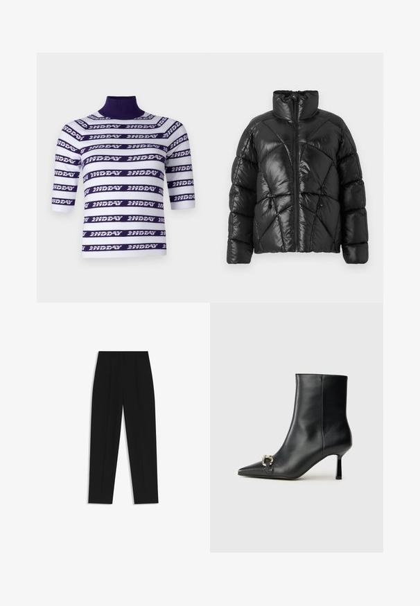 Schwarze Pufferjacke mit hohem Kragen, Reißverschluss und geometrischem Steppmuster. Mit elastischen Kordelzügen am Saum und einem Logoakzent.; Kurzes, gestricktes Oberteil mit Hochkragen, das mit horizontalen weißen und lila Streifen verziert ist, auf denen der Text "2ND DAY" steht.; Schwarze Hose mit geradem Schnitt, doppelten Falten, einer glatten Textur und einem klassischen Bunddesign. Keine sichtbaren Beschläge oder Akzente.; Schwarze Leder-Stiefelette mit spitzer Zehe, schlankem, mittelhohem Absatz und silberner Schnalle seitlich vor einem schlichten Hintergrund.