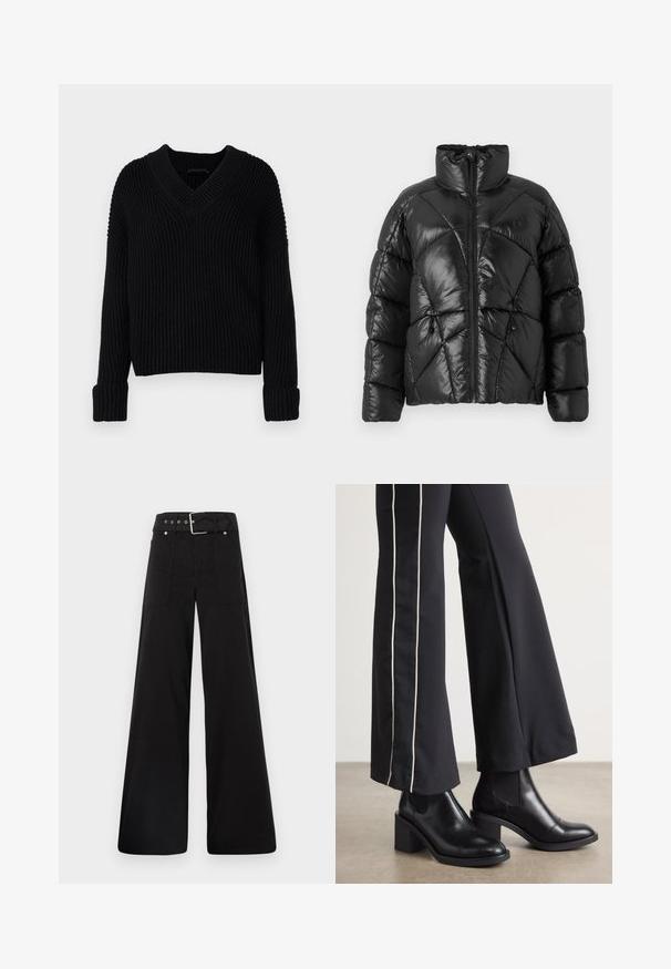 Schwarze Pufferjacke mit hohem Kragen, Reißverschluss und geometrischem Steppmuster. Mit elastischen Kordelzügen am Saum und einem Logoakzent.; Der schwarze, gerippte Strickpullover hat einen V-Ausschnitt und lange Ärmel mit umgeschlagenen Bündchen. Er besteht aus einem weichen, strukturierten Stoff.; Schwarze weitgeschnittene Hose aus Baumwolle, mit hoher Taille, großen Seitentaschen und einem taillierten Bund mit silbernen Hardware-Akzenten.; Schwarze Lederstiefeletten mit einem Blockabsatz, ausgestattet mit elastischen seitlichen Einsätzen. Kombiniert mit schwarzen Hosen, die einen weißen Seitenstreifen haben.