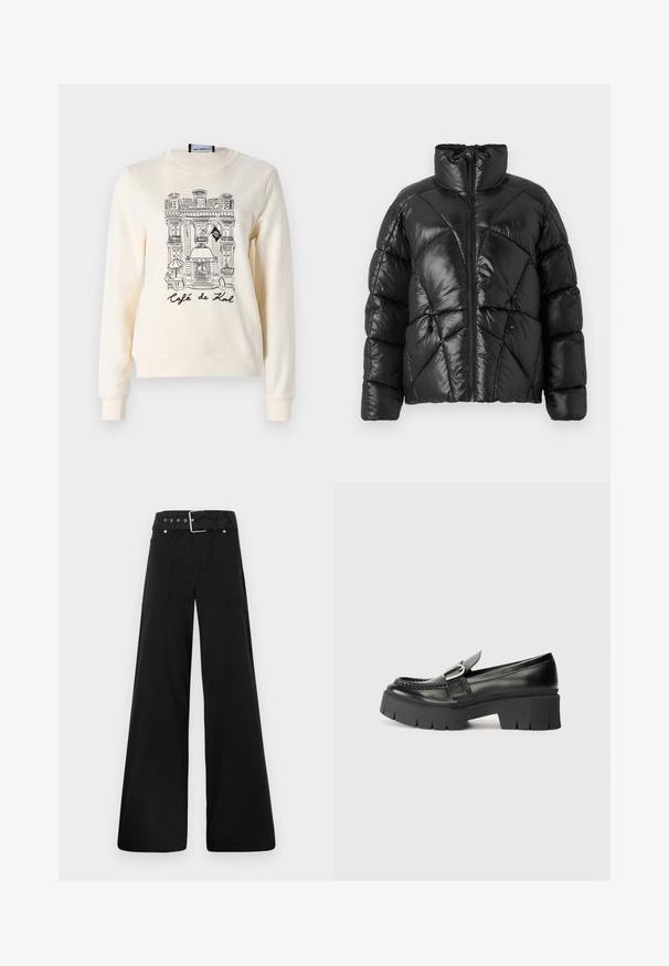 Chaqueta de plumón negra con un alto cuello, cierre de cremallera y patrón de acolchado geométrico. Presenta cordones elásticos en el dobladillo y un acento con el logo.; Sudadera color crema con una textura suave que presenta un boceto en negro de un edificio de café y el texto "Café de Karl" debajo de la ilustración.; Pantalones de pierna ancha negros, hechos de algodón, con cintura alta, grandes bolsillos laterales y una cintura ceñida con un cinturón que presenta acentos de metal plateado.; Mocasines de cuero negro con una suela de goma gruesa. Presentan un acento de hebilla y un detalle de costura a lo largo de la parte superior. Tacón plano.
