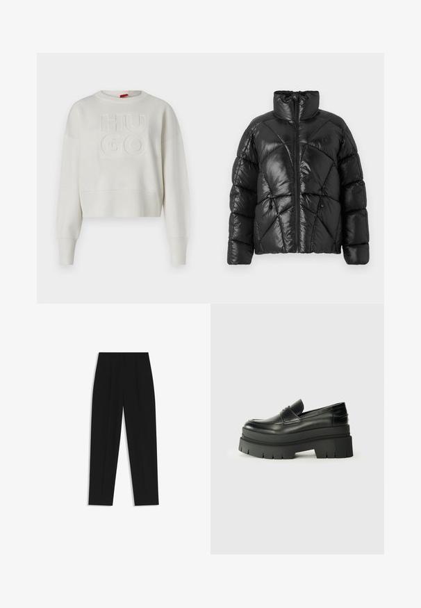Zwarte pufferjas met hoge kraag, ritssluiting en geometrisch gestikt patroon. Voorzien van elastische sluittouwtjes aan de onderkant en een logo-accent.; Crème cropped sweatshirt met een textuur gebreid ontwerp, geribde manchetten en onderkant, met een gereciseerd "HUGO" logo in het midden.; Zwarte broeken met een rechte pasvorm, voorzien van dubbele plooien, een zachte textuur en een klassiek taillebandontwerp. Geen zichtbare hardware of accenten.; Zwarte lederen loafers met een chunky plateauzool. Rondere neus, naden aan de voorkant en subtiele stikselaccenten. Vlakke, gestructureerde buitenzool.