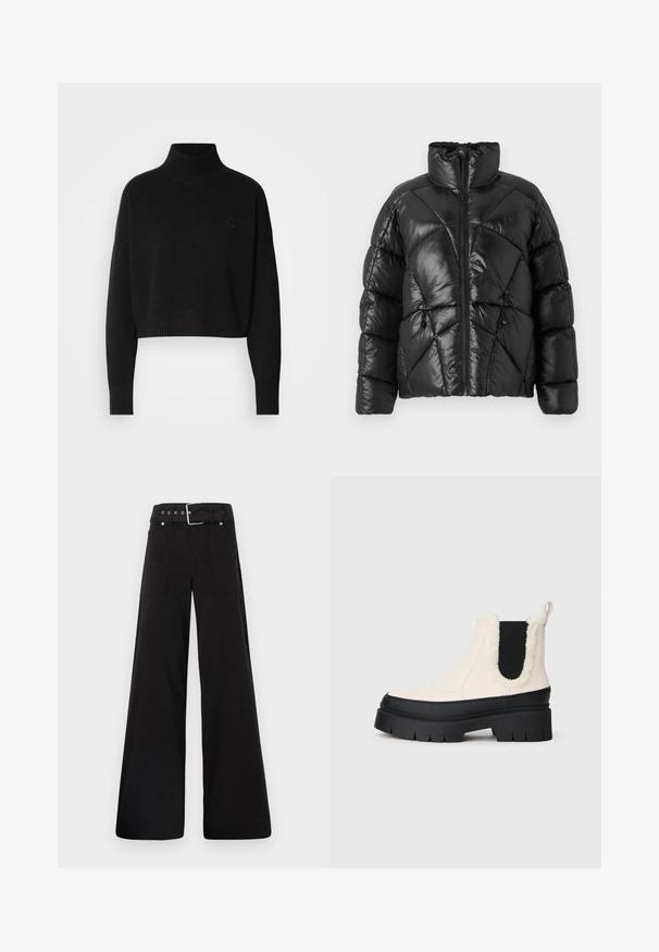 Černá péřová bunda se vysokým límcem, zipovým zapínáním a geometrickým prošíváním. Obsahuje elastické šňůrky na spodním okraji a akcent s logem.; Černý zkrácený svetr, žebrovaný rolák, dlouhé rukávy, pletená textura, s malým logem na hrudi.; Černé široké kalhoty vyrobené z bavlny, s vysokým pasem, velkými bočními kapsami a opaskem s kovovými akcenty v barvě stříbra.; Masivní platformové kotníkové boty s bílým svrškem, černou gumovou podešví a kontrastními černými elastickými bočními panely. Umělá kožešina na horním okraji.