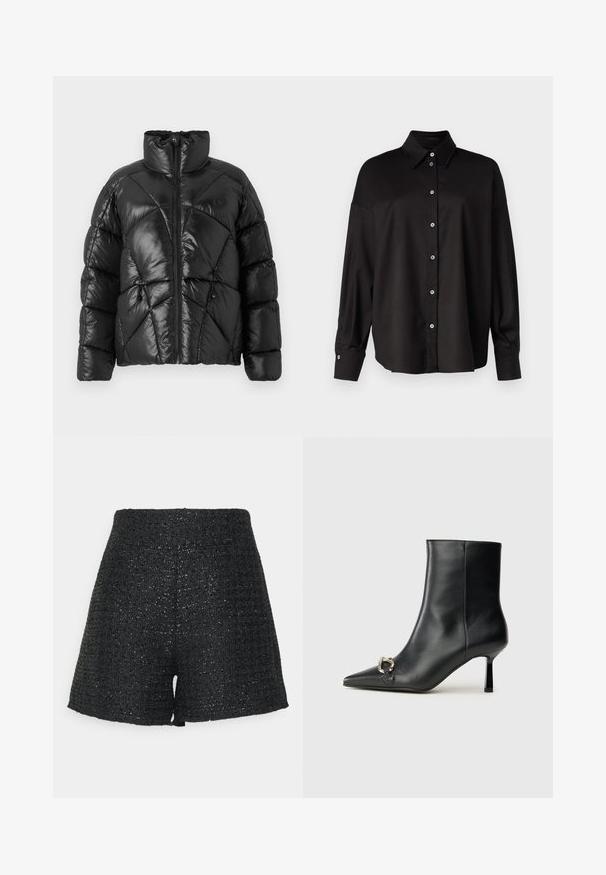 Svart puffjacka med hög krage, dragkedjestängning och geometriskt kviltat mönster. Har elastiska dragsko vid nederkanten och en logotypdetalj.; DRYKORN LYSILA - Blus - black; Svarta vävda shorts med en texturerad yta och en subtil lyster. Har hög midja och en strukturerad A-linjeform.; Svart läderankelboot med spetsig tå, smal medelhög klack och silverfärgad spänndetalj på sidan mot en enfärgad bakgrund.
