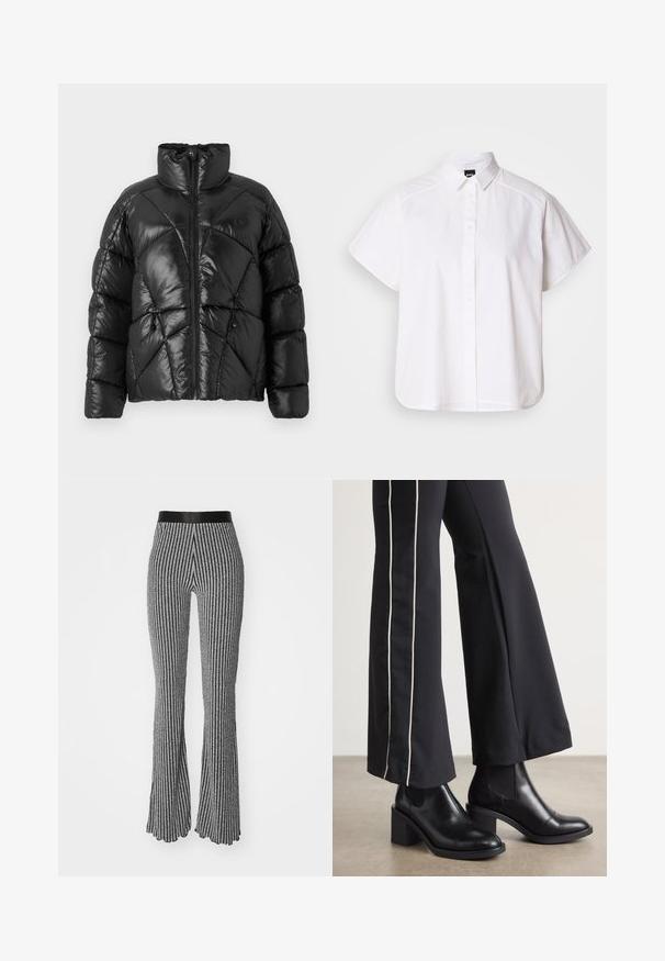 Svart boblejakke med høy krage, glidelås og geometrisk quiltet mønster. Har elastiske snorer i kanten og logo-detalj.; Hvit kortermet skjorte med knapper, spiss krage og buet skjortekant. Laget av bomull med en glatt tekstur og uten synlige mønstre.; Strikkede flagrende bukser i sort og hvit, med vertikale striper, et tettsittende liv, og teksturert stoff med en lett glans.; Sorte skinn ankle boots med blokkhæl, med elastiske sidepaneler. Kombinert med sorte bukser som har en hvit sidestripe.