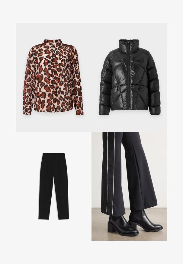 Black puffer jacket with a high collar, zip closure, and geometric quilted pattern. Features elastic drawstrings at the hem and a logo accent.; Long-sleeve, button-up shirt in cream with a brown and black leopard print pattern. Features a collar and front placket. Fabric appears lightweight.; Black trousers with a straight fit, featuring double pleats, a smooth texture, and a classic waistband design. No visible hardware or accents.; Black leather ankle boots with a block heel, featuring elastic side panels. Paired with black pants that have a white side stripe.