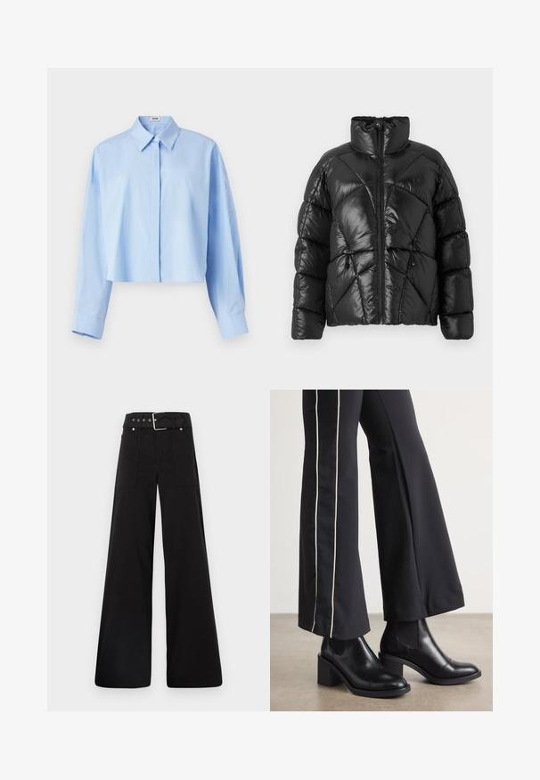 Sort pufferjakke med høj krave, lynlåslukning og geometrisk quiltet mønster. Har elastiske snore i kanten og et logo.; Afskåret lyseblå skjorte med knaplukning, krave, lange ærmer og en glat tekstur. Har en lige skæring i bunden.; Sorte brede bukser lavet af bomuld, med høj talje, store sidelommer og en bæltestrop med sølvfarvede detaljer.; Sorte læder ankelstøvler med blokhæle, udstyret med elastiske sidepaneler. Kombineret med sorte bukser, der har en hvid side stripe.