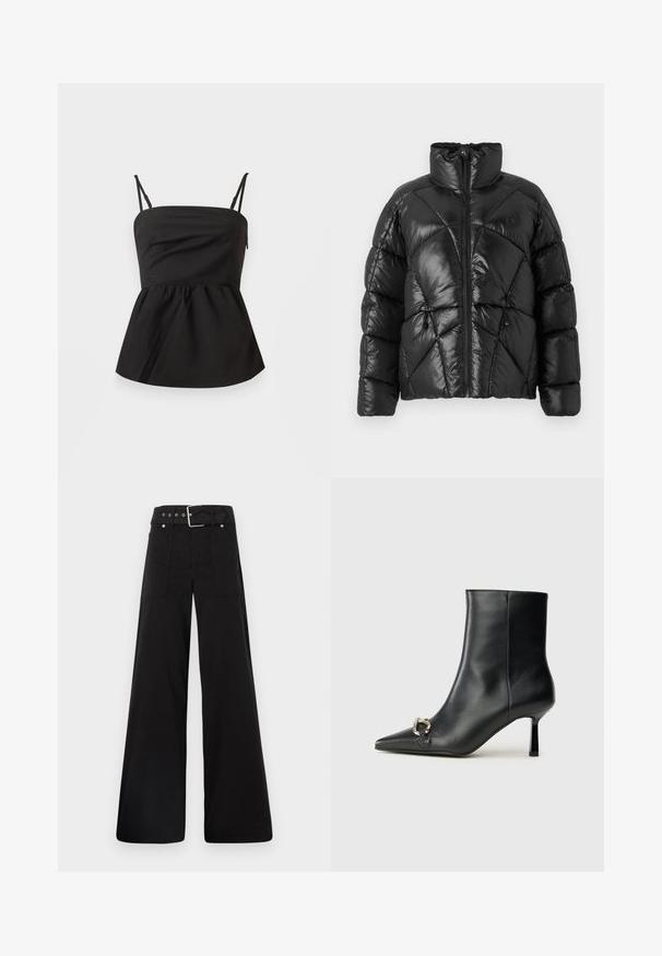 Svart boblejakke med høy krage, glidelås og geometrisk quiltet mønster. Har elastiske snorer i kanten og logo-detalj.; Svart peplum-top med justerbare spaghetti-stropper, glatt tekstur, tettsittende liv, flagrende bunn og ingen synlig maskinvare.; Sorte vidde bukser laget av bomull, med høy midje, store sidelommer og belte med sølv detaljer.; Sorte lær ankle boot med spiss tå, slank mid-høyde hæl og sølvspenne på siden mot en enkel bakgrunn.
