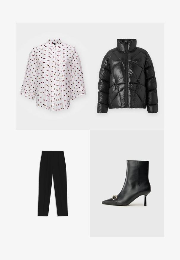 Chaqueta de plumón negra con un alto cuello, cierre de cremallera y patrón de acolchado geométrico. Presenta cordones elásticos en el dobladillo y un acento con el logo.; Marc Cain Blusa - white; Pantalones negros de corte recto, con doble pinza, textura suave y un diseño de cinturilla clásica. Sin hardware o acentos visibles.; Botín negro de cuero hasta el tobillo con punta afilada, tacón delgado de altura media y detalle de hebilla plateada en el lateral, sobre un fondo liso.