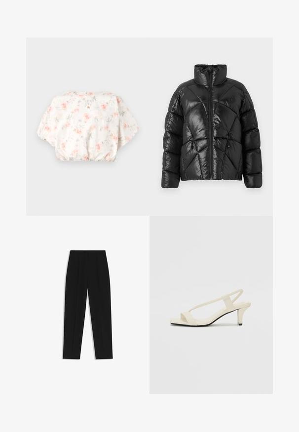 Chaqueta de plumón negra con un alto cuello, cierre de cremallera y patrón de acolchado geométrico. Presenta cordones elásticos en el dobladillo y un acento con el logo.; Blusa floral con fondo blanco, con patrones de flores en tonos rosa pastel y gris, mangas abullonadas y dobladillo fruncido. Cierre en la parte posterior con abertura en forma de ojo.; Pantalones negros de corte recto, con doble pinza, textura suave y un diseño de cinturilla clásica. Sin hardware o acentos visibles.; Sandalias de tacón cuadrado en color beige con tiras delgadas y punta cuadrada. Material suave con un diseño minimalista, diseñado para facilitar su uso.