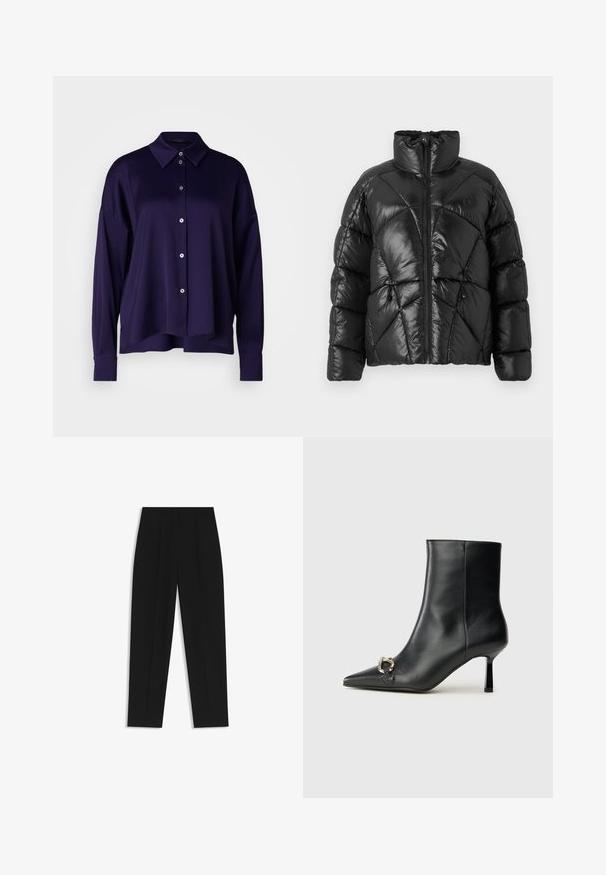 Sort pufferjakke med høj krave, lynlåslukning og geometrisk quiltet mønster. Har elastiske snore i kanten og et logo.; DRYKORN CLOELIA - Skjortebluser - purple; Sorte bukser med lige pasform, der har dobbelte folder, en glat tekstur og et klassisk taljedesign. Ingen synlige hardware eller accenter.; Sort læder ankelstøvle med spidse tæer, slank hæl i mellemhøjde og sølvspænde detaljer på siden mod en ensfarvet baggrund.