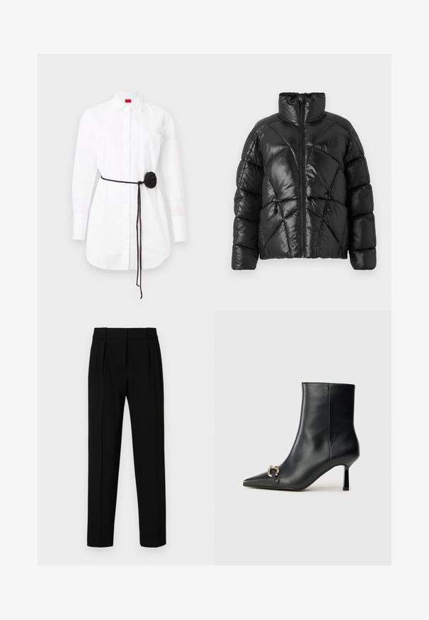 Sort pufferjakke med høj krave, lynlåslukning og geometrisk quiltet mønster. Har elastiske snore i kanten og et logo.; Hvid skjorte med lange ærmer, brystlomme og et sort stofbælte med rosetdetalje. Lavet af bomuldsstof med en glat tekstur.; Sorte skræddersyede bukser med lige pasform, plisseret front, poleret stof og en medium talje. Ingen synlige lommer eller hardware-detaljer.; Sort læder ankelstøvle med spidse tæer, slank hæl i mellemhøjde og sølvspænde detaljer på siden mod en ensfarvet baggrund.