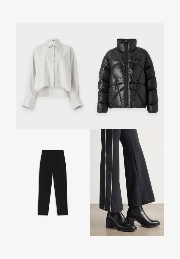 Black puffer jacket with a high collar, zip closure, and geometric quilted pattern. Features elastic drawstrings at the hem and a logo accent.; Striped blouse with a cropped design, made of lightweight fabric. Features a button-down front, collar, and wide, rolled cuffs. Light gray and white.; Black trousers with a straight fit, featuring double pleats, a smooth texture, and a classic waistband design. No visible hardware or accents.; Black leather ankle boots with a block heel, featuring elastic side panels. Paired with black pants that have a white side stripe.