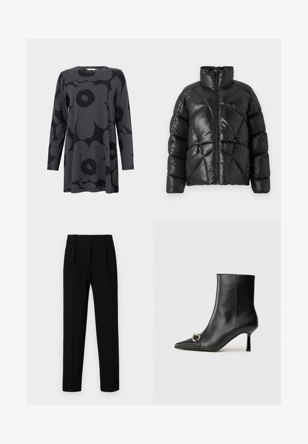 Zwarte pufferjas met hoge kraag, ritssluiting en geometrisch gestikt patroon. Voorzien van elastische sluittouwtjes aan de onderkant en een logo-accent.; Langsleeve tuniek in donkergrijze jersey stof, met een groot zwart bloemenpatroon. Ronde halslijn en een comfortabele A-lijnsilhouet.; Zwarte op maat gemaakte broeken met een rechte pasvorm, geplooide voorkant, glanzende stof en een gemiddelde tailleband. Geen zichtbare zakken of hardware-details.; Zwarte leren enkelboot met spitse neus, slanke middenhoge hak en zilveren gespdetail aan de zijkant op een effen achtergrond.