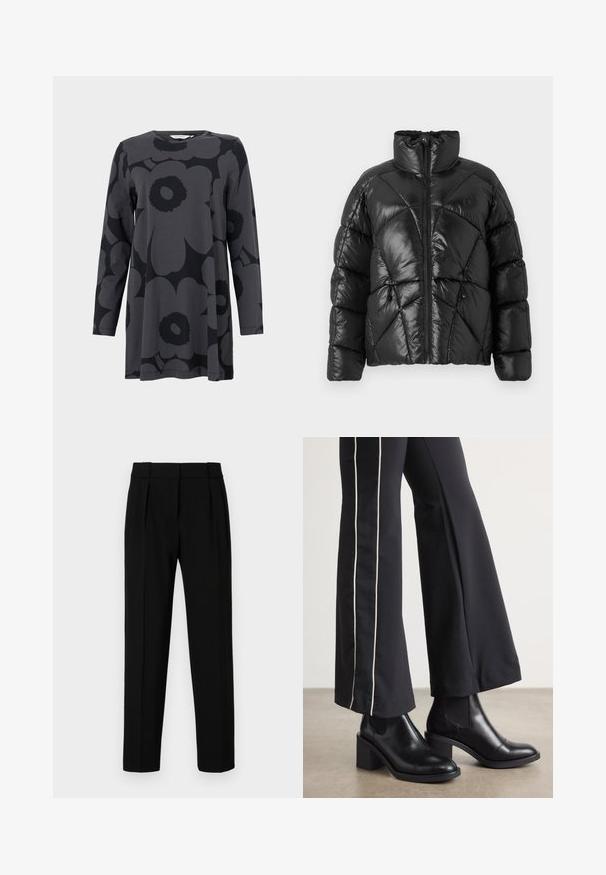 Mustalla puffer-takilla, jossa on korkea kaulus, vetoketjusuljenta ja geometrinen tikattu kuosi. Ominaisuuksiin kuuluvat elastiset narut helmassa ja logotyyli.; Pitkähihaisen tunikan tummanharmaasta jersey-kankaasta, jossa on suuri musta kukkakuosi. Pyöreä pääntie ja rento A-linjainen siluetti.; Mustat räätälöidyt housut suoran istuvuuden kanssa, laskostettu etuosa, kiiltävä kangas ja keskikokoinen vyötärö. Ei näkyviä taskuja tai metalliosia.; Mustat nahkasaappaat nilkkapituisilla, lohkareella, joissa on joustavat sivupaneelit. Yhdistetty mustiin housuihin, joissa on valkoinen sivuraita.
