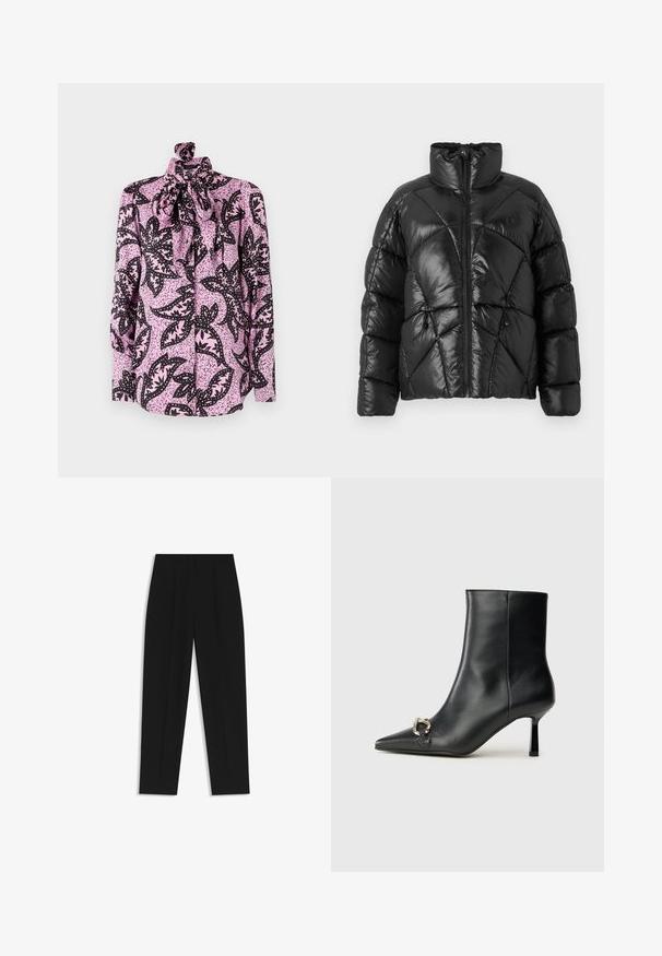Black puffer jacket with a high collar, zip closure, and geometric quilted pattern. Features elastic drawstrings at the hem and a logo accent.; Pink blouse featuring a black floral pattern with speckled accents, a high neck, and a large bow tie detail at the collar. Long sleeves.; Black trousers with a straight fit, featuring double pleats, a smooth texture, and a classic waistband design. No visible hardware or accents.; Black leather ankle boot with pointed toe, slim mid-height heel, and silver buckle detail on side against plain background.