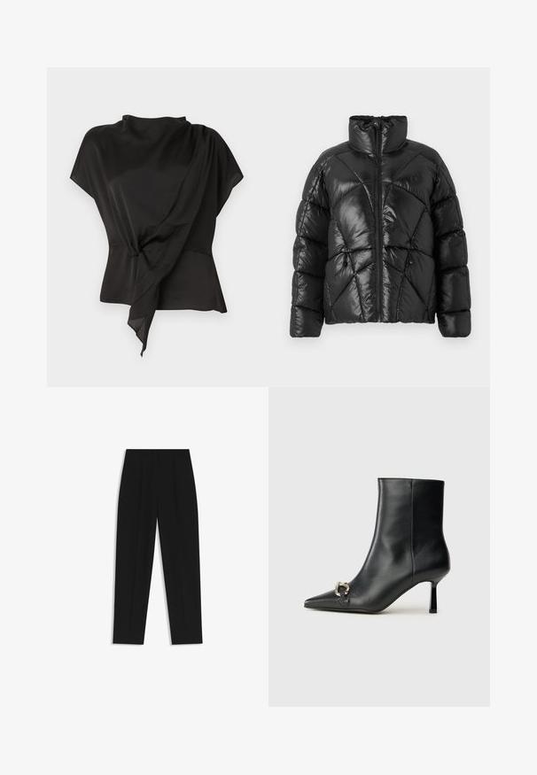 Black puffer jacket with a high collar, zip closure, and geometric quilted pattern. Features elastic drawstrings at the hem and a logo accent.; Black blouse made of smooth fabric, featuring a draped design with a knotted detail at the waist and short sleeves.; Black trousers with a straight fit, featuring double pleats, a smooth texture, and a classic waistband design. No visible hardware or accents.; Black leather ankle boot with pointed toe, slim mid-height heel, and silver buckle detail on side against plain background.