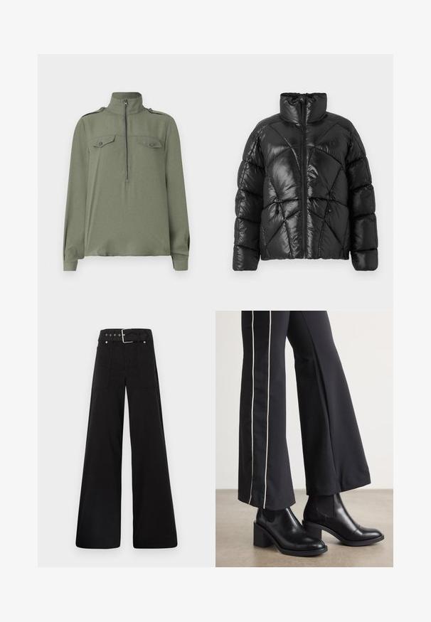 Doudoune noire avec col montant, fermeture éclair et motif matelassé géométrique. Comprend des cordons élastiques à l'ourlet et un accent de logo.; Pull en vert olive avec col montant, fermeture éclair à l'avant et deux poches poitrine avec boutons. Manches longues avec bords de manche repliés.; Pantalons larges noirs en coton, avec une taille haute, de grandes poches latérales et une taille ceinturée avec des accents en métal argenté.; Bottines en cuir Noir avec un talon bloc, dotées de panneaux élastiques sur les côtés. Associées à un pantalon noir avec une rayure blanche sur le côté.