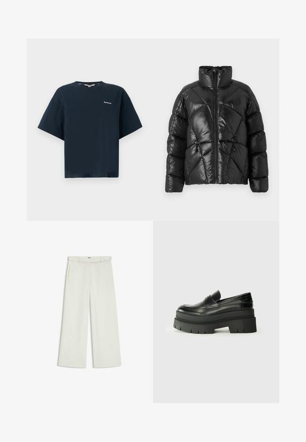 Czarna kurtka puchowa z wysokim kołnierzem, zapięciem na zamek błyskawiczny oraz geometrycznym wzorem pikowania. Posiada elastyczne sznurki u dołu i akcent z logo.; Granatowa bawełniana koszulka z krótkim rękawem, okrągłym dekoltem i małym białym logo "Barbour" na lewej piersi. Klasyczny, pudełkowy krój.; Spodnie szerokie w jasnym kremowym kolorze, z bocznymi kieszeniami, płaskim przodem i pojedynczym zapięciem na guzik w talii. Gładka faktura.; Czarne skórzane loafersy z grubą platformą. Okrągły nos, detal szwu z przodu i subtelne akcenty przeszycia. Płaska, teksturowana podeszwa.