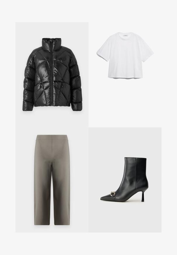 Svart boblejakke med høy krage, glidelås og geometrisk quiltet mønster. Har elastiske snorer i kanten og logo-detalj.; Hvit bomull t-skjorte med korte ermer, rund hals, avslappet passform og uten synlige mønstre eller grafikk. Glatt tekstur og enkelt design.; DRYKORN SEAL - Bukse - green; Sorte lær ankle boot med spiss tå, slank mid-høyde hæl og sølvspenne på siden mot en enkel bakgrunn.