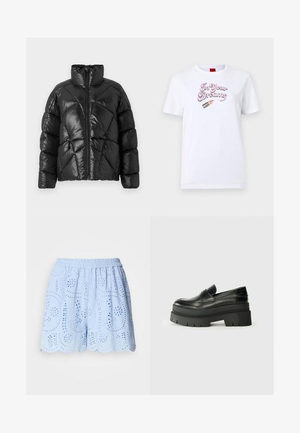 Black puffer jacket with a high collar, zip closure, and geometric quilted pattern. Features elastic drawstrings at the hem and a logo accent.; White cotton t-shirt featuring the phrase "In Your Dreams" in pink script and a graphic of a lipstick tube with pink accents.; Light blue, cotton shorts with embroidered cut-out patterns, elastic waistband, and scalloped hem. Features floral and leaf designs.; Black leather loafers with a chunky platform sole. Rounded toe, front seam detail, and subtle stitching accents. Flat, textured outsole.