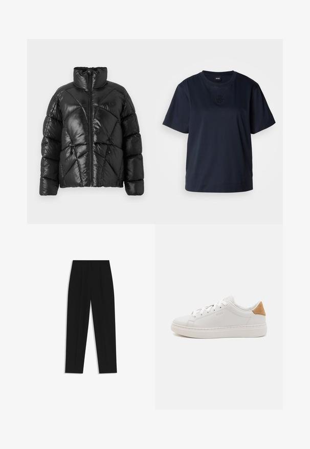 Giubbotto imbottito nero con colletto alto, chiusura a zip e motivo trapuntato geometrico. Presenta cordini elastici all'orlo e un logo decorativo.; T-shirt a maniche corte blu navy realizzato in morbido cotone. Presenta un colletto rotondo e un logo ricamato discreto sul petto.; Pantaloni neri a taglio dritto, con doppie pieghe, una texture liscia e un design classico in vita. Nessun hardware o dettaglio visibile.; Sneaker in pelle bianca con superficie liscia, punta rotonda, suola piatta e accento in suede color castano al tallone. Presenta lacci bianchi e dettaglio del logo.