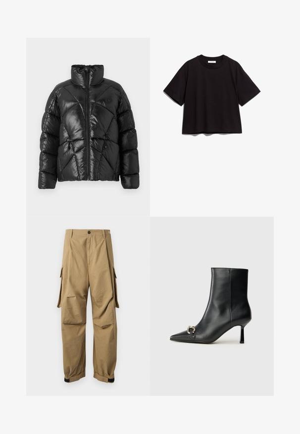 Giubbotto imbottito nero con colletto alto, chiusura a zip e motivo trapuntato geometrico. Presenta cordini elastici all'orlo e un logo decorativo.; T-shirt in cotone nero con scollatura rotonda e maniche corte. Caratterizzato da una vestibilità ampia e un design semplice e privo di ornamentazioni.; Pantaloni cargo khaki realizzati in tessuto leggero, con tasche laterali cargo, chiusura con bottone e polsini elastici alla caviglia.; Stivale alla caviglia in pelle nera con punta affusolata, tacco sottile di media altezza e dettaglio in fibbia argentata sul lato, su sfondo semplice.