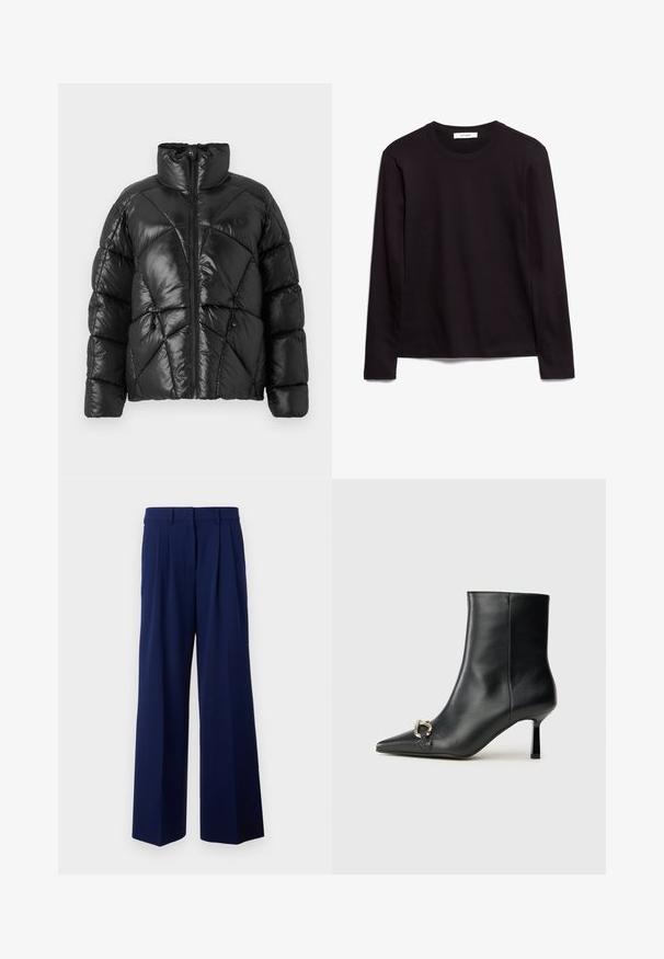 Jachetă puffer neagră cu guler înalt, închidere cu fermoar și model matlasat geometric. Include șnururi elastice la tiv și un accent cu logo.; Tricou negru cu mânecă lungă și gât rotund, realizat dintr-un material texturat, având un tiv drept și accente cusute la guler și umeri.; Pantaloni largi de culoare albastru marin, cu talie înaltă, având pliuri frontale și o textură netedă. Realizați dintr-un material ușor, fluid.; Botine negre din piele, cu vârf ascuțit, toc subțire de înălțime medie și detaliu cu cataramă argintie pe lateral, pe un fundal simplu.