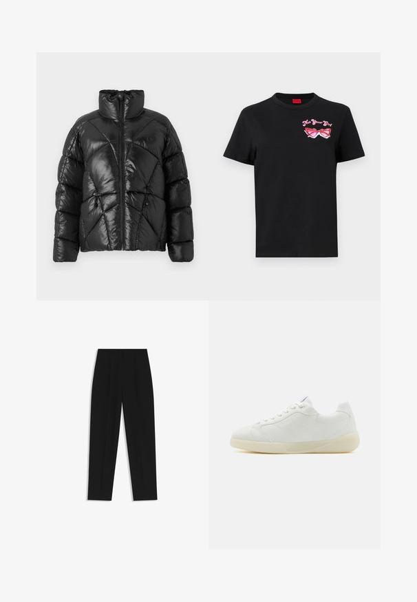 Czarna kurtka puchowa z wysokim kołnierzem, zapięciem na zamek błyskawiczny oraz geometrycznym wzorem pikowania. Posiada elastyczne sznurki u dołu i akcent z logo.; Czarna bawełniana koszulka z krótkim rękawem, z różowym graficznym wzorem okularów przeciwsłonecznych i napisem "Nie Twoja Dziewczyna" po lewej stronie klatki piersiowej.; Czarne spodnie o prostym kroju, z podwójnymi zakładkami, gładką teksturą i klasycznym krojem w talii. Bez widocznych elementów metalowych ani akcentów.; HUGO RIVEN biały