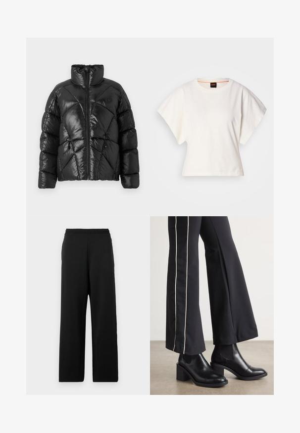 Black puffer jacket with a high collar, zip closure, and geometric quilted pattern. Features elastic drawstrings at the hem and a logo accent.; White cropped T-shirt, short wide sleeves, soft cotton material, round neckline with subtle orange trim, minimal design, no patterns or graphics.; Black wide-leg trousers made of soft fabric, featuring an elastic waistband and a smooth texture with no patterns or accents.; Black leather ankle boots with a block heel, featuring elastic side panels. Paired with black pants that have a white side stripe.