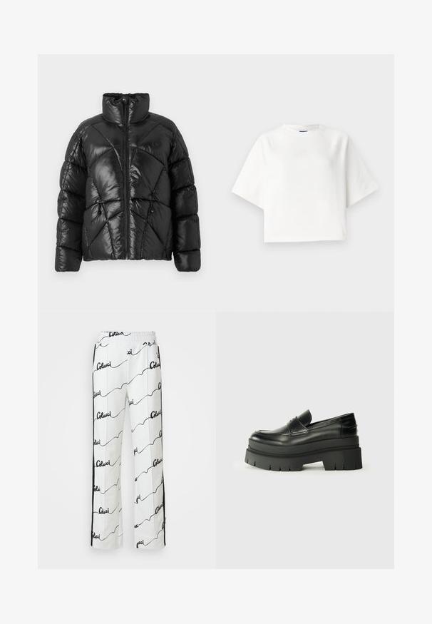 Svart puffjacka med hög krage, dragkedjestängning och geometriskt kviltat mönster. Har elastiska dragsko vid nederkanten och en logotypdetalj.; Vit oversized t-shirt med korta raglanärmar, tillverkad av mjukt tyg. Har en subtil logga på bröstet och en rund halsringning.; Vita bomullbyxor med ett upprepat mönster i svart skrift. Rakt snitt med ett elastiskt midjeband och sidostripes.; Svarta läderskor med en tjock plattformssula. Rundad tå, detalj med söm framtill och diskreta sömnadsaccenter. Platt, texturerad yttersula.