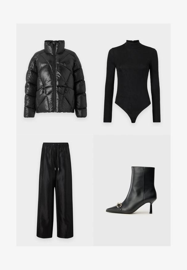 Casaco puffer preto com colarinho alto, fecho de correr e padrão geométrico acolchoado. Apresenta cordões elásticos na bainha e um detalhe com logótipo.; Body preto de manga longa com gola alta e textura subtil. Apresenta um fecho nas costas e um design de fundo tipo fio dental.; Calças largas pretas feitas de um tecido brilhante com uma cintura elástica e cordão, apresentando detalhes em metal prateado.; Bota preta de couro até ao tornozelo com bico apontado, salto slim de altura média e detalhe em fivela prateada de lado, contra um fundo simples.