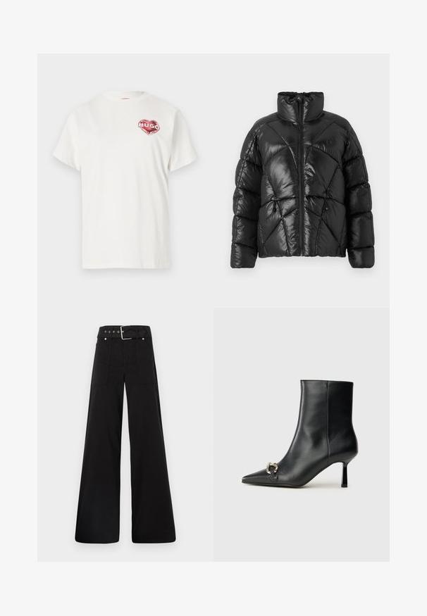 Mustalla puffer-takilla, jossa on korkea kaulus, vetoketjusuljenta ja geometrinen tikattu kuosi. Ominaisuuksiin kuuluvat elastiset narut helmassa ja logotyyli.; Valkoinen puuvillainen t-paita, jossa on pyöreä pääntie, ja jossa on punainen sydämen muotoinen graafinen kuva, jonka sisällä on sana "HUGO". Lyhyet hihat, rento malli.; Mustat leveälahkeiset housut, jotka on valmistettu puuvillasta. Ne ovat korkeavyötäröiset, suuriin sivutaskuihin ja vyön kanssa varustettu, jossa on hopeanväriset yksityiskohdat.; Musta nahkasaapas nilkkapituisilla, terävillä kärjillä, hoikalla keskipituisella korolla ja hopeavöillä sivussa yksinkertaista taustaa vasten.