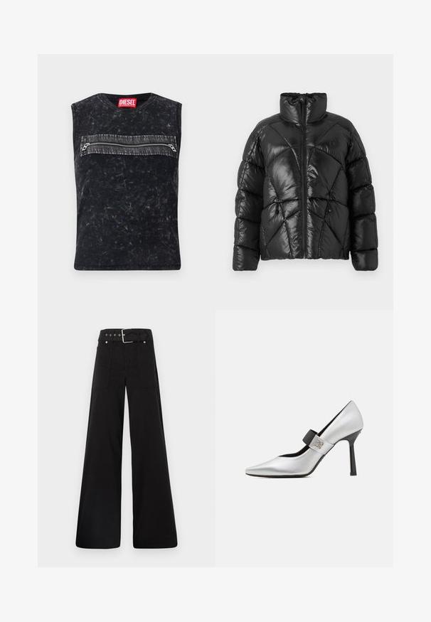 Mustalla puffer-takilla, jossa on korkea kaulus, vetoketjusuljenta ja geometrinen tikattu kuosi. Ominaisuuksiin kuuluvat elastiset narut helmassa ja logotyyli.; Mustat hihattomat paita, jossa on pyöreä pääntie ja etupussukka harmailla reunoilla, valmistettu teksturoidusta kankaasta, joka on kuluneen näköinen.; Mustat leveälahkeiset housut, jotka on valmistettu puuvillasta. Ne ovat korkeavyötäröiset, suuriin sivutaskuihin ja vyön kanssa varustettu, jossa on hopeanväriset yksityiskohdat.; Hopeinen nahkasaapas, jossa on korkea korko, terävä kärki, musta hihna ja kiiltävä pinta, sekä sulava siluetti ja ohut korko.