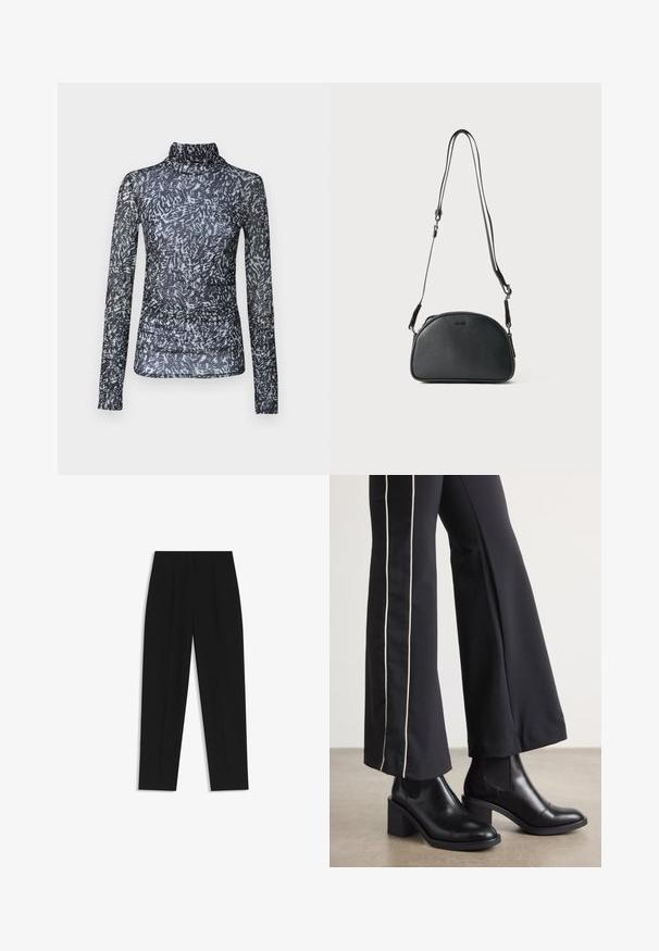 Schwarze Pufferjacke mit hohem Kragen, Reißverschluss und geometrischem Steppmuster. Mit elastischen Kordelzügen am Saum und einem Logoakzent.; Langarm-Oberteil mit Mock-Neck aus transparentem schwarzen Stoff mit abstrakten weißen und grauen Mustern; verfügt über geraffte Details an der Taille.; Schwarze Hose mit geradem Schnitt, doppelten Falten, einer glatten Textur und einem klassischen Bunddesign. Keine sichtbaren Beschläge oder Akzente.; Schwarze Lederstiefeletten mit einem Blockabsatz, ausgestattet mit elastischen seitlichen Einsätzen. Kombiniert mit schwarzen Hosen, die einen weißen Seitenstreifen haben.; Schwarze Leder-Umhängetasche mit runder Form, zwei verstellbaren Trägern und einem dezenten Logo auf der Vorderseite. Strukturierte Außenseite, minimalistisches Design.