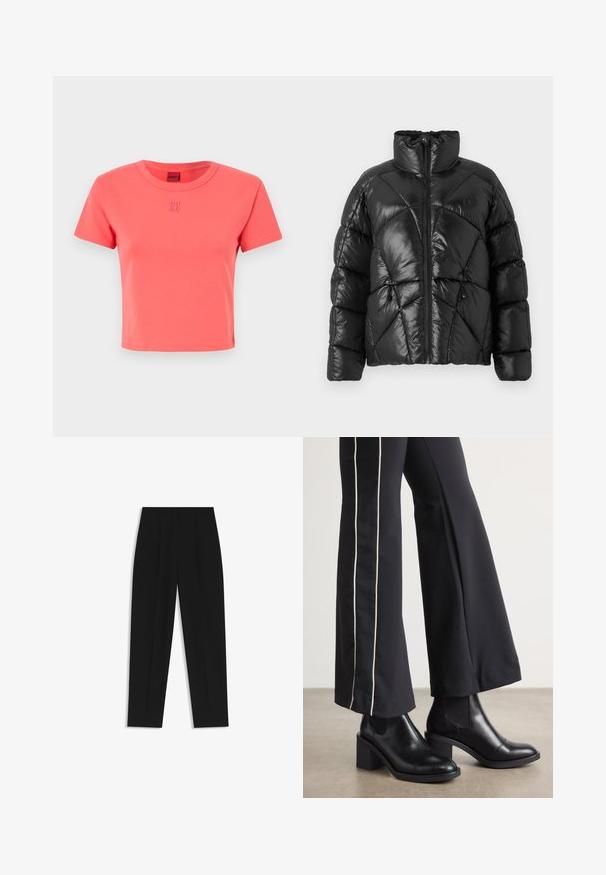 Zwarte pufferjas met hoge kraag, ritssluiting en geometrisch gestikt patroon. Voorzien van elastische sluittouwtjes aan de onderkant en een logo-accent.; Koraalroze katoenen T-shirt met een ronde hals, korte mouwen en een geborduurd "HU GO" logo aan de voorkant. Eenvoudig, aansluitend ontwerp.; Zwarte broeken met een rechte pasvorm, voorzien van dubbele plooien, een zachte textuur en een klassiek taillebandontwerp. Geen zichtbare hardware of accenten.; Zwarte leren enkellaarzen met een blokhak, voorzien van elastische zijpanelen. Gecombineerd met zwarte broeken met een witte zijstreep.