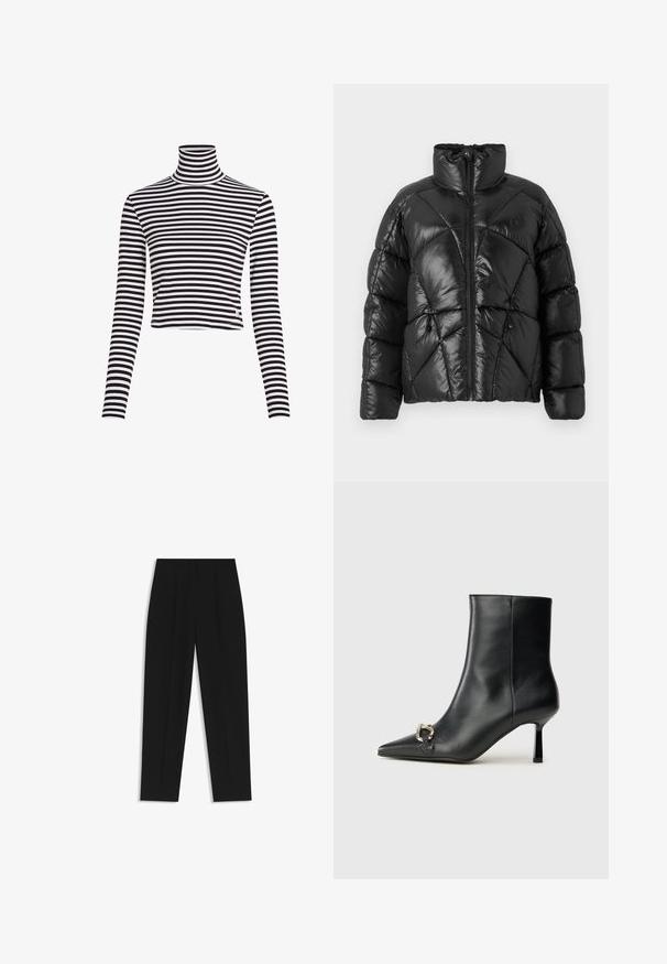 Czarna kurtka puchowa z wysokim kołnierzem, zapięciem na zamek błyskawiczny oraz geometrycznym wzorem pikowania. Posiada elastyczne sznurki u dołu i akcent z logo.; Czarna i biała, prążkowana bluzka z długim rękawem i krótkim krojem, wykonana z materiału ribbed. Posiada małe logo marki na dole.; Czarne spodnie o prostym kroju, z podwójnymi zakładkami, gładką teksturą i klasycznym krojem w talii. Bez widocznych elementów metalowych ani akcentów.; Czarny skórzany botek za kostkę z szpiczastym noskiem, smukłym średnim obcasem i srebrnym zapięciem po boku na jednolitym tle.
