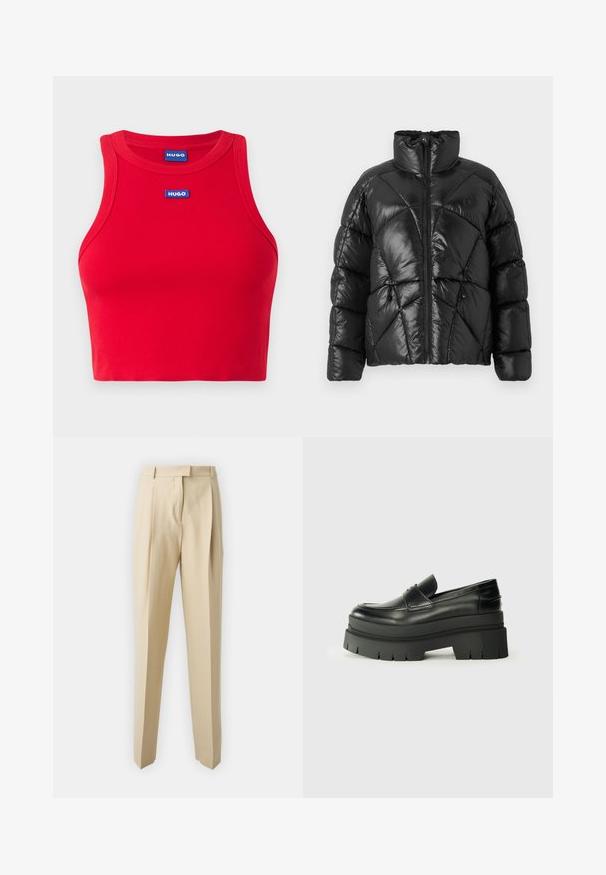 Fekete puffdzseki magas gallérral, cipzáras záródással és geometrikus tűzött mintával. Rugalmas húzózsinórokkal a szegélyen és logóval ellátott részlettel rendelkezik.; Piros bordázott crop top, pamutból készült, kerek nyakkal. Elöl kék 'HUGO' logóval rendelkezik, amely kiemeli a karcsú fazont.; Beige szabott nadrág egyenes szabással, pliszékkel, derekújjjal és sima felülettel. Nincsenek látható zsebek vagy díszítések.; Fekete bőrcipők vastag platform talppal. Lekerekített orr, elülső varrás részletek és finom varrási díszítések. Lapos, texturált talp.
