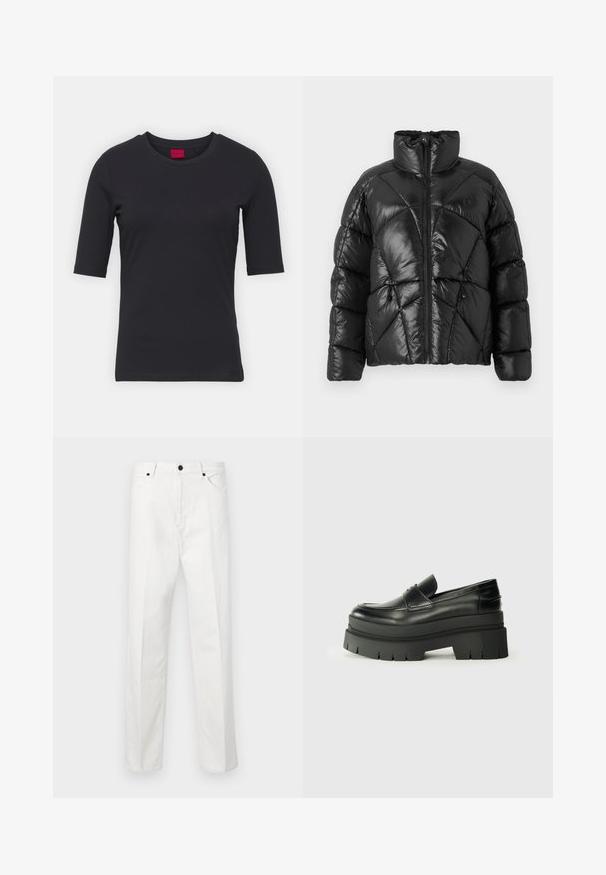 Crna zimska jakna sa visokim ovratnikom, zatvaranjem na patentni zatvarač i geometrijskim kvadratićem. Ima elastične uške na rubu i akcentski logo.; Crna pamučna majica s kratkim rukavima, okruglog izreza i minimalističkim dizajnom. Ima crvenu oznaku branda na izrezu.; Bijele traperice s ravnim krojem, zatvaranjem na gumbe i dva prednja džepa. Nema vidljivih uzoraka ili ukrasa. Glatka tekstura.; Crne kožne mokasine s debelim platformom. Zaobljen vrh, detalj s prednjim šavom i suptilni akcenti šivanja. Ravni, teksturirani potplat.