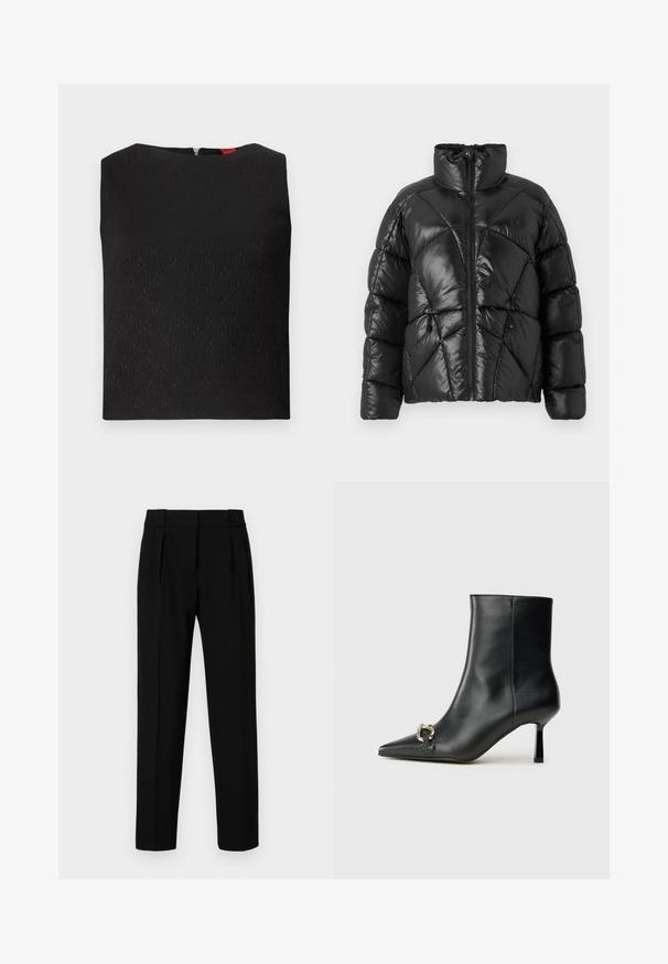 Zwarte pufferjas met hoge kraag, ritssluiting en geometrisch gestikt patroon. Voorzien van elastische sluittouwtjes aan de onderkant en een logo-accent.; Zwarte mouwloze top met een gestructureerd patroon, vierkante halslijn en een rits aan de achterkant. Bevat subtiele logo-accenten in de stof geweven.; Zwarte op maat gemaakte broeken met een rechte pasvorm, geplooide voorkant, glanzende stof en een gemiddelde tailleband. Geen zichtbare zakken of hardware-details.; Zwarte leren enkelboot met spitse neus, slanke middenhoge hak en zilveren gespdetail aan de zijkant op een effen achtergrond.