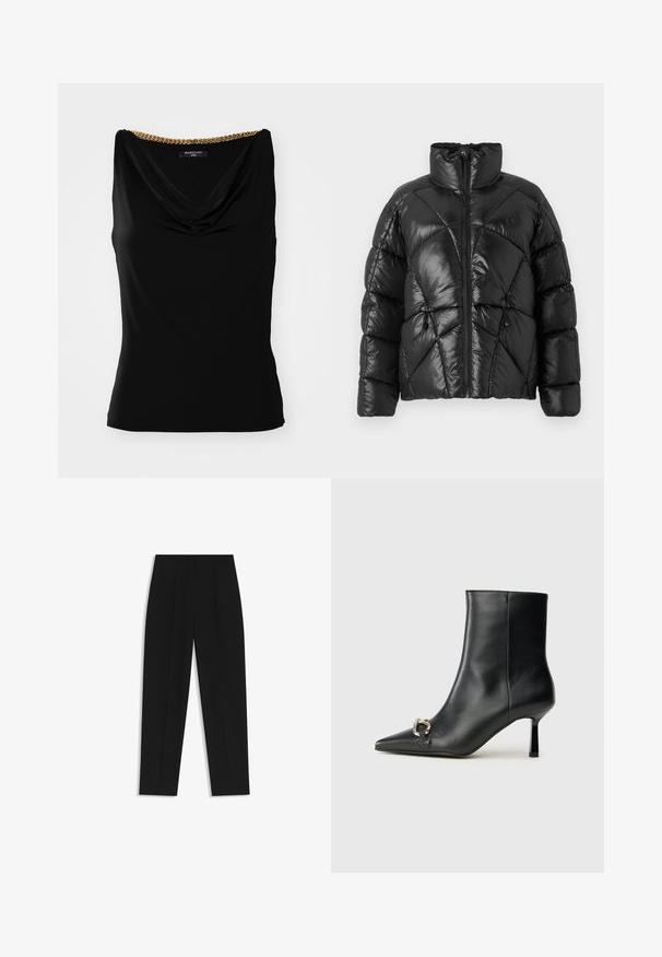 Sort pufferjakke med høj krave, lynlåslukning og geometrisk quiltet mønster. Har elastiske snore i kanten og et logo.; Sort ærmeløs top med en draperet udskæring og en guldkædeaccent på skulderen. Lavet af glat stof med en tætsiddende pasform.; Sorte bukser med lige pasform, der har dobbelte folder, en glat tekstur og et klassisk taljedesign. Ingen synlige hardware eller accenter.; Sort læder ankelstøvle med spidse tæer, slank hæl i mellemhøjde og sølvspænde detaljer på siden mod en ensfarvet baggrund.