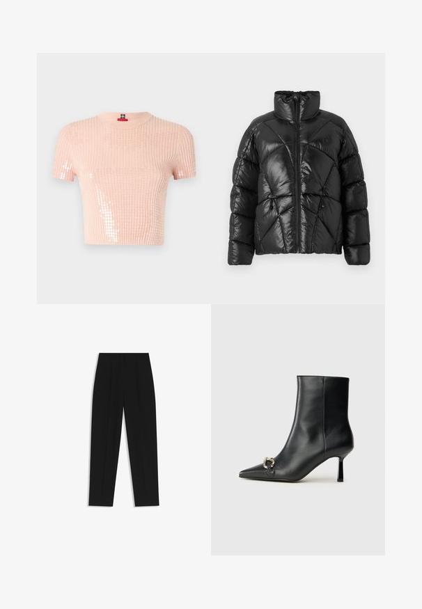 Black puffer jacket with a high collar, zip closure, and geometric quilted pattern. Features elastic drawstrings at the hem and a logo accent.; Light pink ribbed knit short-sleeve top with sequined accents on one side and a round neckline. Soft texture and cropped design.; Black trousers with a straight fit, featuring double pleats, a smooth texture, and a classic waistband design. No visible hardware or accents.; Black leather ankle boot with pointed toe, slim mid-height heel, and silver buckle detail on side against plain background.