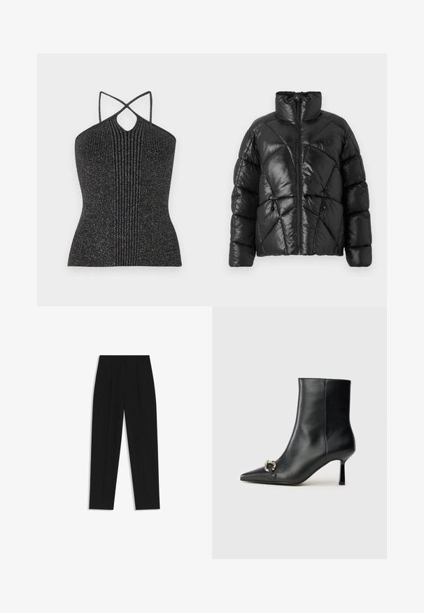 Zwarte pufferjas met hoge kraag, ritssluiting en geometrisch gestikt patroon. Voorzien van elastische sluittouwtjes aan de onderkant en een logo-accent.; Zwarte mouwloze top met een keyhole-halslijn, voorzien van kruislingse schouderbanden en een ribbelstructuur, verrijkt met metallic garen voor glans.; Zwarte broeken met een rechte pasvorm, voorzien van dubbele plooien, een zachte textuur en een klassiek taillebandontwerp. Geen zichtbare hardware of accenten.; Zwarte leren enkelboot met spitse neus, slanke middenhoge hak en zilveren gespdetail aan de zijkant op een effen achtergrond.