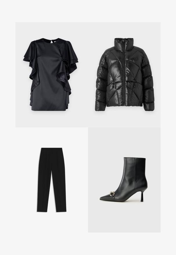Mustalla puffer-takilla, jossa on korkea kaulus, vetoketjusuljenta ja geometrinen tikattu kuosi. Ominaisuuksiin kuuluvat elastiset narut helmassa ja logotyyli.; Musta satiini mekko, jossa on kerrokselliset hollantilaiskaulushihat ja pyöreä kaula-aukko. Täydentää avaimenreikäselkäkiinnitys ja sileä pinta.; Mustat housut suoran istuvuuden kanssa, joissa on kaksinkertaiset laskokset, sileä pinta ja klassinen vyötärönauhan muotoilu. Ei näkyviä metalliosia tai koristeita.; Musta nahkasaapas nilkkapituisilla, terävillä kärjillä, hoikalla keskipituisella korolla ja hopeavöillä sivussa yksinkertaista taustaa vasten.