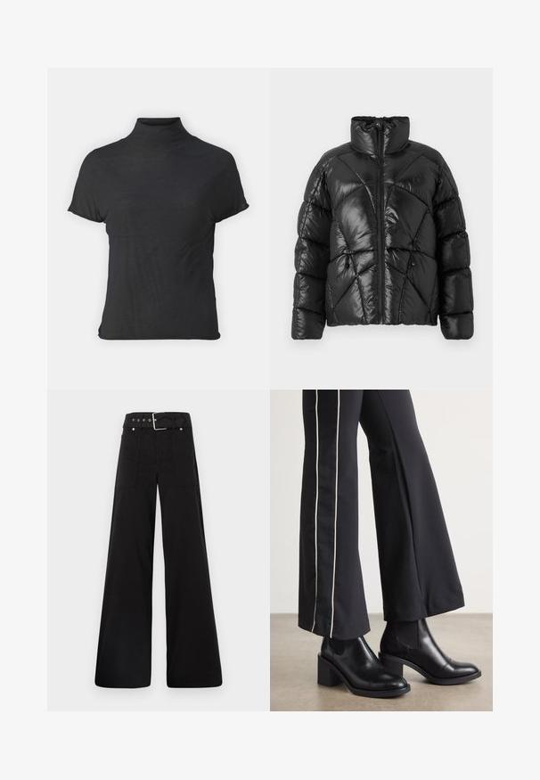Black puffer jacket with a high collar, zip closure, and geometric quilted pattern. Features elastic drawstrings at the hem and a logo accent.; Black short-sleeve turtleneck top made of lightweight fabric with a smooth texture and a fitted shape, featuring a high neckline.; Black wide-leg trousers made from cotton, featuring a high waist, large side pockets, and a belted waist with silver hardware accents.; Black leather ankle boots with a block heel, featuring elastic side panels. Paired with black pants that have a white side stripe.